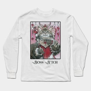 Queen of Hearts Cat - Boss B*tch - Black Outlined Version Long Sleeve T-Shirt